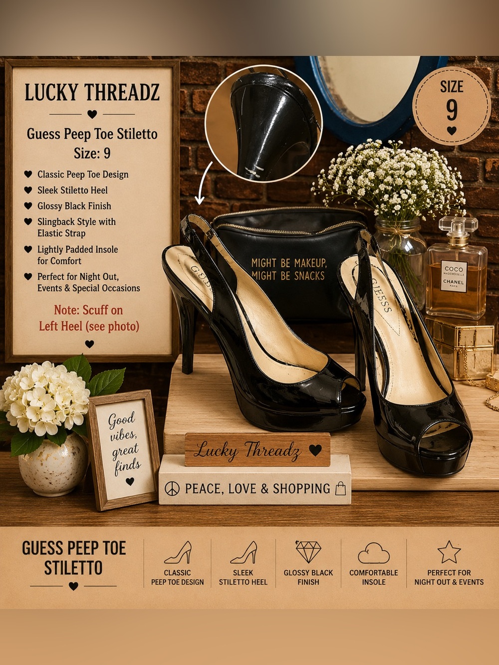 Guess Black Patent Peep Toe Slingback Heels